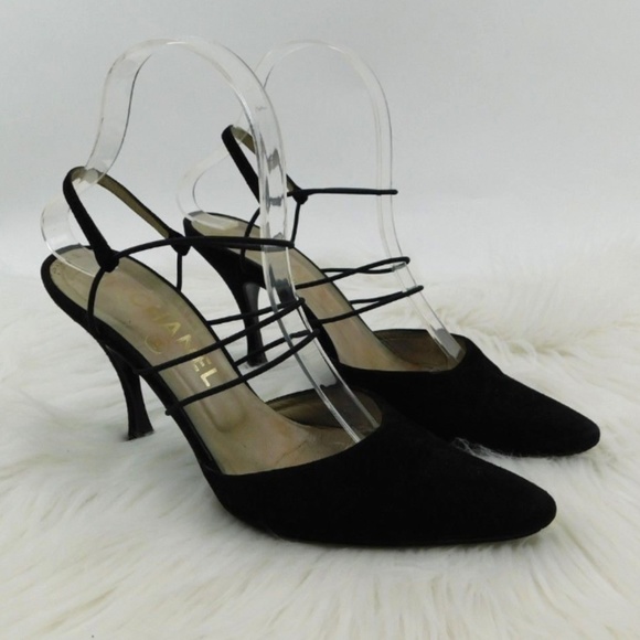 Chanel Vintage Black Suede Strappy Point Toe Heels - Picture 4 of 8